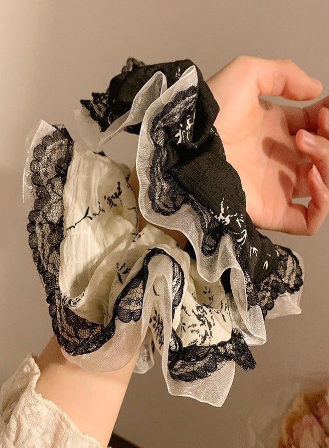 TUCEWP Scrunchies for Women Girls 2Pcs White Black Organza Lace Scrunchies for Long Thick Curly Hair Ultra Soft Hair Bands Large Elegant Scrunchie Cute Ponytail Holders No Damage Elastic Hair Ties - Image 5